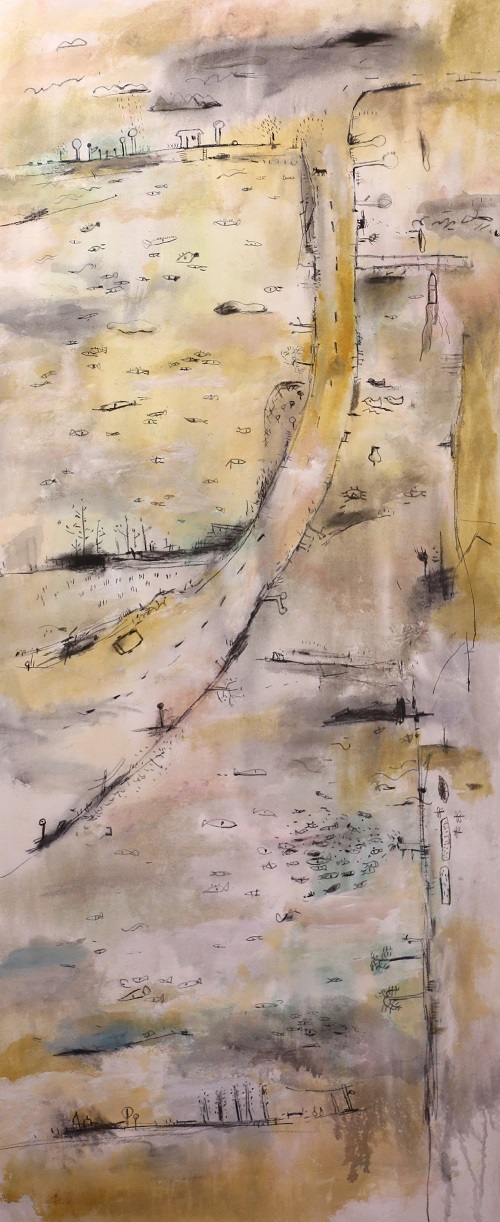 田野系列－魚塘風景, 唐重, 154 x 63 cm, 水墨，壓克力，炭筆, 2017