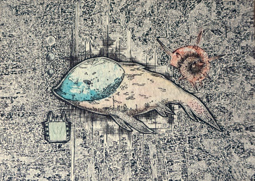 魚，陳嘉樂 ，水彩、代針筆、鉛筆，7 x 10 cm，2015