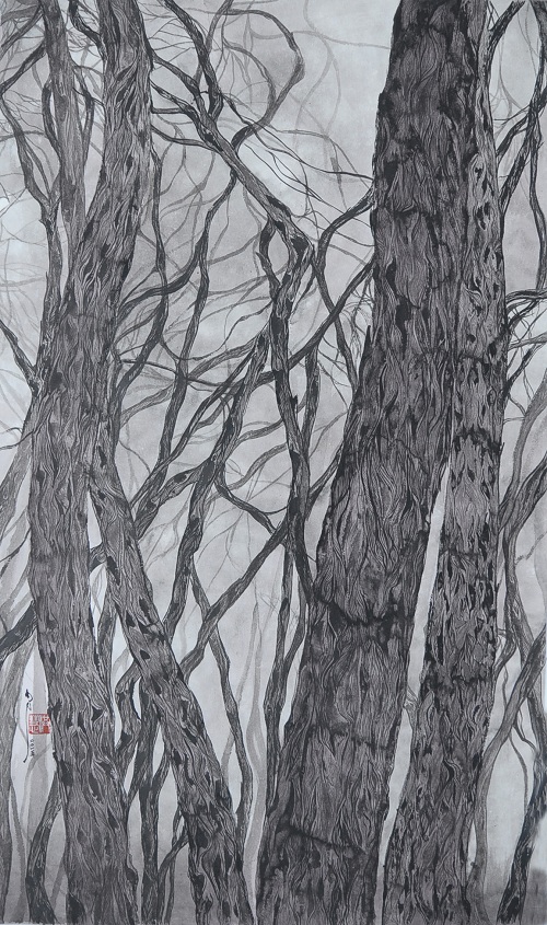 「月光森林」系列, 洪慧, 水墨設色, 86 x 51 cm, 2015-2019