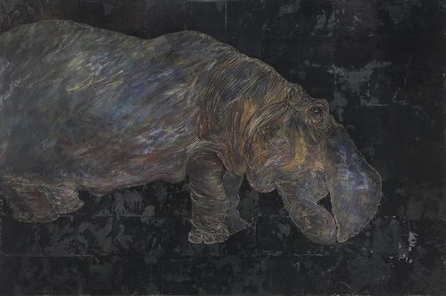 Hippopotamus, 楊文軒, 97 x 145.5 cm, 黑箔、礦物顏料、紙本, 2017
