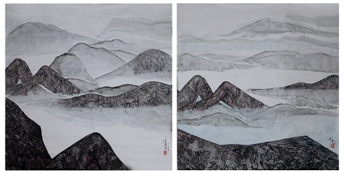 「女山水」系列,雙聯畫,水墨設色泥銀宣, 92 x 92 cm, 92X88 cm, 2018