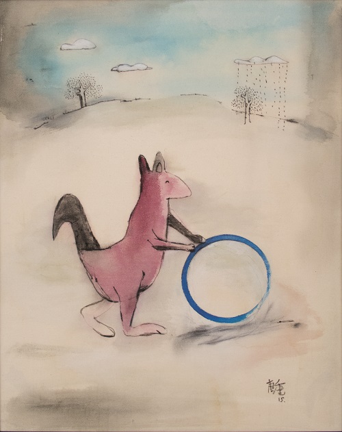 推著圓圈的袋鼠，唐重，布本油畫，72 x 52 cm,2015