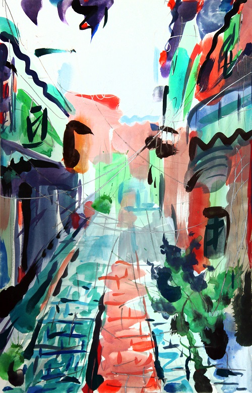 澳門官也街小巷，蔡國傑，水性顏料，紙本，58.5 x 38 cm，2015