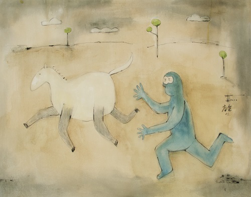 追馬王子，唐重，國畫顏料，布本，57.5 x 75 cm，2015